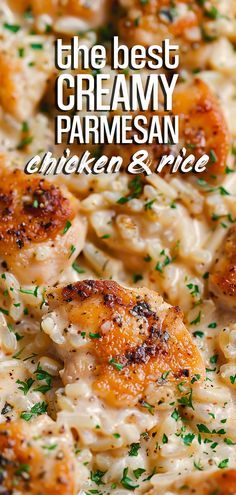 the best creamy parmesan chicken and rice casserole is ready to be eaten