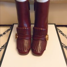 Authentic Brand New Gucci Leather Ankle Boots In Burgundy The Leather Ankle Boot With Double G Hardware Detail On Fold Over Fringe. Double G Fold Over Fringe Detail Side Zip Mid-Heel 5" Shaft Height, Based On A Size 37 3" Heel Made In Italy Gucci Pointed Toe Boots For Fall, Gucci High Heel Boots For Fall, Gucci Designer Heeled Boots For Formal Occasions, Designer Gucci Heeled Boots For Formal Occasions, Gucci Designer Ankle Boots, Designer Gucci Ankle Boots, Gucci Elegant Ankle Boots, Chic Gucci Boots With Leather Sole, Gucci Luxury Boots For Fall