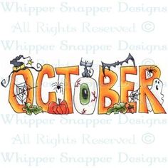 the word october is decorated with halloween items and pumpkins, bats, and witches