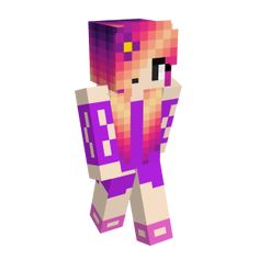 an image of a minecraft female character with purple hair and pink dress, standing in front of a white background