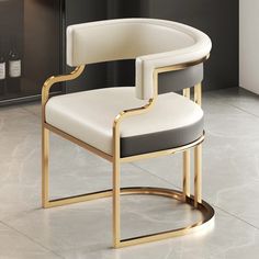 a white and gold chair sitting on top of a tiled floor