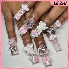 XL Square Cartoon 3D Fake Nails Hello Kitty Mymelody Kuromi Kawaii Pink Diamond Strong Firm Long Square Cartoon, Nails Hello Kitty, Hello Kitty Nails Art, Nail Growth Tips, Sports Nails, Aurora Nails, Nail Techniques, Cartoon 3d