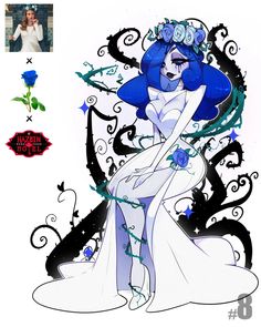 a drawing of a woman in a white dress with blue hair and flowers on her head