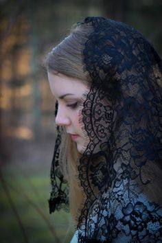 "A soft, Spanish floral lace classic D shaped veil is trimmed in black Venise lace trim; trim may vary slightly. Soft and light, and reverent for worship. Includes sewn-in clip to hold it securely. Also available in white Venice trim: https://www.etsy.com/listing/500708656/evintage-veils-black-spanish-lace-floral?ref=shop_home_active_17 And in a wrap-style here: https://www.etsy.com/listing/500707912/evintage-veils-black-spanish-lace?ref=shop_home_active_5 Included is our complimentary organza b Chapel Veil Catholic, Veil Mantilla, Catholic Veil, Spanish Lace, Lace Mantilla, Mantilla Veil, Chapel Veil, Lady Of Fatima, Beautiful Muslim Women