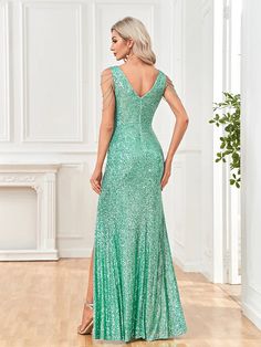 Enhance your evening look with the Kendal Maxi Dress. Featuring a stunning V-neckline and intricate sequin detailing, this elegant dress is perfect for any formal occasion. Crafted with a bodycon mermaid silhouette, it will hug your curves and make you look effortlessly stylish. Make a statement with this beaded party gown. Material: Polyester Party Mermaid Dress With Sweep Train And V-neck, Party V-neck Mermaid Dress With Sweep Train, Glamorous V-neck Mermaid Dress With Fitted Bodice, Glamorous V-neck Mermaid Dress For Evening, Embellished V-neck Mermaid Dress For Party, Elegant Sequin Mermaid Dress With Sweep Train, V-neck Sequined Mermaid Dress For Gala, V-neck Sequin Dress With Fitted Bodice For Party, Evening V-neck Sequined Mermaid Dress