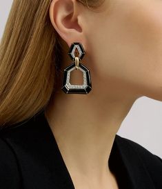 Brilliant-cut diamonds, black enamel, polished 18K gold, and platinum Bamboo Earrings also available with black or red enamel. Additional Bamboo Earring variations available in red and white enamel. Bamboo Earring, Fashionable Accessories, Antique Jewellery Designs, Bamboo Earrings, Baby Jewelry, Hype Shoes, Enamel Earrings, Earrings Black, Enamel Jewelry