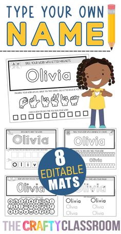 the 8 editable mats for kids to use with their own name and number names