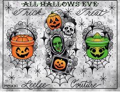 three halloween stickers with pumpkins and skulls on them