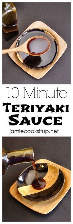 there are two plates with sauces on them and the words 10 minute teriyan sauce