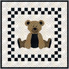 a brown teddy bear sitting on top of a black and white checkerboard background