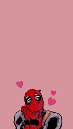 the deadpool is sitting on top of a pink background with hearts floating around it