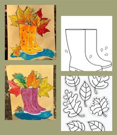 four different pictures with leaves and boots on them, one is drawn in the shape of a boot