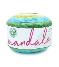 a ball of yarn with the word mandala written in red and green on it