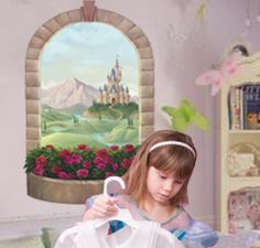 Good design never goes out of style and with all the tempting possibililites of theme ideas for little girls this Delighful Princess Castle Window Mural will ignite yoru little princesses imagtion! It is an easy decorating decision especailly because of the chlassic design of the artwork you will not have to update little princess with a-Design a fairy tale princess castle room for your little girl with our peel & stick Castle Window. 4' Princess Mural, Castle Mural, Wall Decals Girls Room, Window Wall Mural, Girls Princess Room, Girls Room Diy, Castle Window, Window Mural, Diy Mural