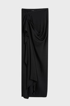 The Ardea Draped Skirt in Black is an elegant and versatile wardrobe staple crafted from a fluid viscose blend with a hammered satin finish, chosen for its elegant drape. This floor length skirt features flattering draping across the left hip and a zip closure at centre back. Pair with Ardea tops for an elevated day to night look. Luxury fabric sustainably made in Europe. Asymmetrical Ruched Draped Skirt, Elegant Ruched Maxi Skirt For Formal Events, Elegant Ruched Maxi Skirt For Formal Occasions, Ruched Maxi Skirt For Formal Occasions, Formal Ruched Draped Flowy Skirt, Ruched Draped Long Skirt For Formal Occasions, Formal Long Draped Ruched Skirt, Formal Pre-draped Flowy Skirt, Formal Ruched Long Draped Skirt