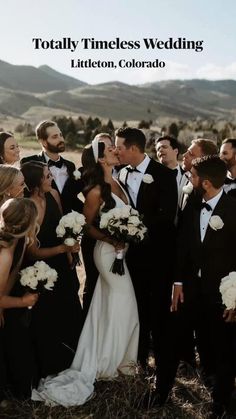 a group of people that are standing in front of each other with the words totally timeless wedding written on them