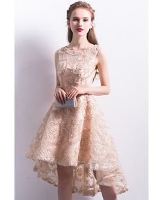 Buy champagne high low applique lace homecoming party dress sleeveless at wholesale price online. Free shipping and pro custom service since 2009. Sleeveless High Low Dress For Prom Season, Sleeveless Lace Dress For Prom Party, Sleeveless High Low Prom Dress, Sleeveless Lace Prom Dress, Sleeveless Lace Dress For Prom, Sleeveless Lace Dress For Homecoming, Sleeveless Lace Patchwork Dress For Prom, Lace Sleeveless Dress With Patchwork For Party, Lace Sleeveless Dress With Lace Patchwork For Party