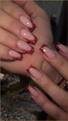 Christmas Nails Coffin Shape Short, Nail Ideas Christmas Red, Cute Nail Inspo Christmas, Nails For Christmas Red, French Red Christmas Nails, Birthday And Christmas Nails, Simple Christmas And New Years Nails, Christmas Nails Square Simple, Red French Tips With Design