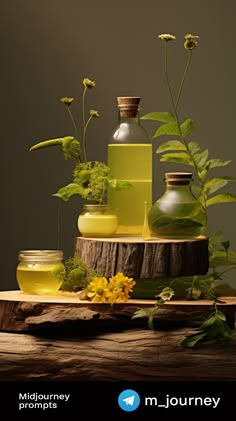 a wooden table topped with vases filled with flowers and plants on top of it