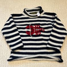 American South Side Navy Blue And White Striped Size 4 Wool Sweater Cute Little Lobster Stitched On - Nwt - My Children Cannot Wear Wool And We Received These As A Gift! Love Them So Much! Ready For Their Next Home Where They Can Be Worn! Pit To Pit Flat Lay 13.5” Arm Sleeve Pit To Cuff Measurement Is 10.5” White Fitted Nautical Tops, Fitted White Nautical Tops, Nautical Cotton Tops For Fall, Nautical Long Sleeve Sweater For Fall, Nautical Long Sleeve Sweater For Winter, Lobster Sweater, Sweater Cute, Gift Love, Next Home