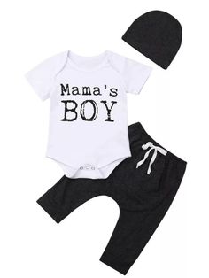 He's the cutest mama's boy in this outfit. This set is perfect for newborn pictures or bringing baby home. Fits true to size. Order up for growth. Made of soft cotton material. Set includes onesie, bottoms, and hat. Family Matching Cotton Sets With Letter Print, Fitted Cotton Sets For Coming Home, Cotton Fitted Coming Home Outfit Sets, Fitted Cotton Sets With Letter Print, White Cotton Coming Home Outfit Sets, Newborn Onesies Boy, Infant Boy Clothes, Boy Onsies, Bringing Baby Home