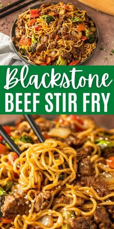 black stone beef stir fry with chopsticks in the foreground and on the right