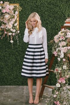 WEBSITE: Morning Lavender | DESCRIPTION: Aimee Black and White Striped Midi Skirt | PRICE: $64.99 Black And White Striped Skirt, Black And White Stripes Outfit, Black And White Striped Skirt Outfit, Rok Midi, White Skirt Outfits, Rok Outfit, White Striped Skirt, Target Dresses