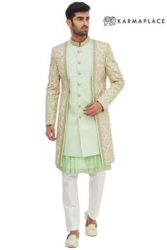 Buy Men's Pista Green Silk Embroidered Full Sleeve Sherwani Set Green Sherwani, Embellished Buttons, Mens Wear Wedding, Mens Sherwani, Pista Green, Wedding Sherwani, Chinese Collar, Embellished Collar, Silk Bottoms