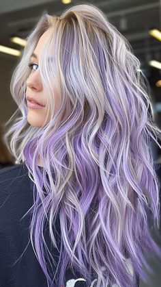 Purple Platinum Blonde Hair, Blonde Hair Color With Purple, Platinum Hair With Purple Highlights, Highlight For Blonde Hair, Different Hair Colors Ideas, Blonde And Violet Hair, Blond Hair Purple Highlights, Blonde Hair With Purple Highlights Peekaboo Color, Blond And Colored Hair