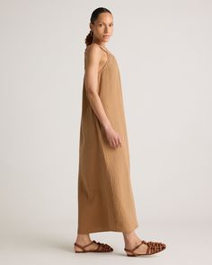 Our 100% Organic Cotton Gauze Sleeveless Maxi Dress is perfect for hot summer days, beach vacations, or evening strolls. With its elegant maxi length and high neck design, this dress ensures you'll look polished and put-together for any occasion. Made of breezy, lightweight organic cotton gauze, this dress will keep you cool all summer long!  | Quince | Women's Gauze Sleeveless Maxi Dress in Toasted Coconut, Size Large, Organic Cotton Look Polished, High Neck Designs, Jenni Kayne, Beach Vacations, Toasted Coconut, Organic Fabrics, Sleeveless Maxi Dress, Knit Cotton, Quince