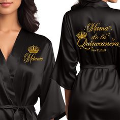 Step into your Quinceañera celebration in style with our Personalized Satin Quinceañera Robe. Crafted for your special day, this personalized Quinceañera robe exudes luxury and elegance. Ideal for getting ready moments and capturing unforgettable photos, it features beautiful glitter and regular text color options to match your Quinceañera party. Perfect for your Quince birthday, our personalized robe is a symbol of sophistication and grace as you embark on this milestone journey. Make your Mis Xv Ideas, Quince Nails, Custom Robes, Personalized Robe, Quinceanera Party, Bridesmaid Robes, Womens Robes, Sweet Sixteen, Home Wedding