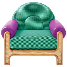 a green and purple chair sitting on top of a wooden frame