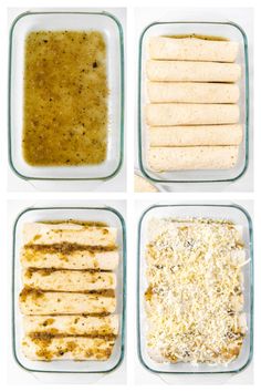 four images show different stages of making tortilla bread in glass baking pans