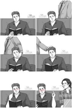 the storyboard shows how to read a book while sitting in front of a man