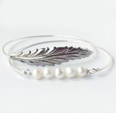 Wedding Leaf & Cultured Freshwater Pearl Bangle Bracelet Set – FrostedWillow Winter Wedding Jewelry, Fall Wedding Jewelry, Unique Wedding Jewelry, Bridal Bracelet Pearl, Pearl Bangle Bracelet, Matron Of Honor, Pearl Bangle, Bridal Fashion Jewelry, Bangle Bracelet Set