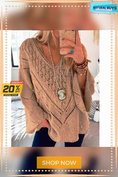 Women's Solid Color Cutout V-neck Flared Sleeve Knit Sweater Winter V-neck Open Knit Top, Bohemian Knitted V-neck Top, Bohemian V-neck Knitted Top, Fall Pointelle Knit V-neck Top, Fall V-neck Pointelle Knit Top, Winter V-neck Sweater With Pointelle Knit, Fall Open Knit V-neck Sweater, Trendy Open Knit V-neck Top, Fall V-neck Open Knit Sweater