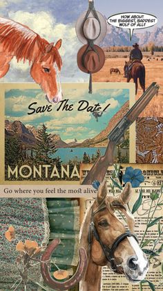 a collage with horses, flowers, and other things in the background that says save the date montana