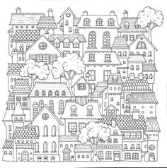 a coloring book with houses and trees on it