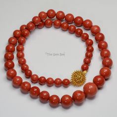 DESCRIPTION: Thank you for coming in! Spectacular 18K solid gold necklace with Mediterranean Sardinia Coral sphere beads, no dye, 100% natural tomato red color. 9.5mm-17.15mm large coral beads, 128 grams with a beautiful 18k solid gold clasp~Our favorite color for coral! The beads are premium quality, you do not find hairline cracks which are common with Mediterranean coral beads. Accompanied with GIA report number 2191866911 to assure your investment! You'll get the necklace you see! SIZE of co Tomato Red Color, Solid Gold Necklace, Natural Coral, Sky Blue Topaz, Coral Beads, Sardinia, Wow Products, Solid Yellow, Spring Rings