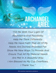 an angel prayer card with the words, i'll fill me with your light of abundance and positivity help me think that all of my needs