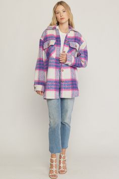 Fuzzy Plaid Button Up Jacket - Pink/Blue The prettiest jacket! Make a statement in this bold plaid print button up jacket. Featured in a fuzzy plaid fabrication with pockets at front, side pockets, button closure at sleeves, and has a medium-weight. Style with your favorite denim and layer with this bodysuit for an outfit that will be a go-to all season long. pink / blue plaid print fuzzy woven jacket medium-weight side pockets front pockets button closure at sleeves button up center front overs Pink Shacket With Button Closure For Fall, Trendy Plaid Shacket With Snap Buttons, Trendy Pink Button-up Shacket, Pink Button-up Shacket With Pockets, Pink Button-up Outerwear With Buttoned Pockets, Vintage Pink Button-up Outerwear, Retro Plaid Button-up Outerwear, Pink Snap Button-up Outerwear, Vintage Plaid Button-up Outerwear