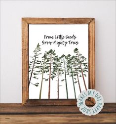 a wooden frame holding a print with trees on it and the words from little seeds grow mighty trees