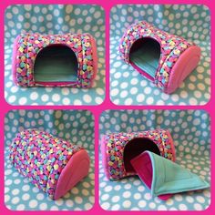 four pictures of the inside of a cat house made out of fabric and felt material