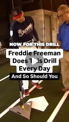 two men standing next to each other on a baseball field with the words now for this drill