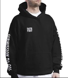 Elevate your wardrobe with our "Faith First" Oversized Hoodie--a perfect blend of style, comfort, and meaningful expression. Crafted from a high-quality cotton and polyester blend, this hoodie offers breathable wear that's perfect for any season. The oversized fit, complemented by drop shoulders, adds a modern and relaxed vibe to your outfit, making it an ideal choice for both lounging and casual outings. The front of the hoodie features intricately embroidered "Faith First" text, symbolizing the importance of placing faith at the forefront of your life. This high-quality embroidery adds a sophisticated touch, while the puff print on the back and sleeve brings a unique and textured element to the design, making it stand out with a subtle yet impactful statement.  Whether you're looking to Streetwear Fleece Hoodie With Letter Print, Puffy Print Hoodie, Black Relaxed Fit Hoodie With Graphic Print, Puff Printed Hoodie, Streetwear Graphic Print Fleece Hoodie, Oversize Hoodie, Hoodie Print, Sweat Shirt, Wardrobe