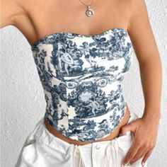 Never Worn - Perfect Condition Fitted Blue Printed Tops, Outfit With Sleeves, Girly Shirts, Tube Top Outfit, Tube Top Outfits, White Tube Top, White Tube, Indian Prints, Top Outfit