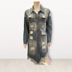 Lolo Jeans Denim Button Down Distressed ~ Shredded ~ Fringed Nwt! Distressed Medium Wash Denim Dress, Distressed Medium Wash Cotton Denim Dress, Distressed Denim Button-up Jacket, Blue Distressed Button-up Outerwear, Long Sleeve Crochet Dress, Denim Blue Button-up Jacket With Frayed Hem, Cheap Distressed Button-up Denim Jacket, Collard Dress, Vintage Distressed Button-up Denim Jacket