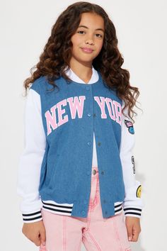 Available In Indigo Blue Denim Pockets Verbiage Mommy & Me Takedown of " DENIM VARSITY JACKET" S= 7/8, M=10/12, L=14, XL=16 Model Wears a Size 10/12 Self: 60% Cotton, 35% Rayon, 5% Polyester Sleeves: 100% Polyester Imported | MINI DENIM VARSITY JACKET- INDIGO BLUE size 7/8 by Fashion Nova Denim Varsity Jacket, Indigo Fashion, Kids Jackets, Denim Pocket, Curve Jeans, Girls Jacket, Indigo Blue, 8 M, Girls Shopping