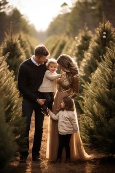 a family standing in a christmas tree farm