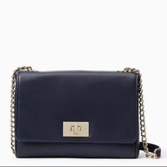 Brand New Dark Navy Kate Spade Handbag Classic Blue Shoulder Bag With Chain Strap, Kate Spade Formal Crossbody Shoulder Bag, Classic Blue Clutch Bag, Kate Spade Formal Shoulder Bag With Chain Strap, Chic Blue Flap Bag For Travel, Elegant Tote Flap Bag With Chain Strap, Formal Kate Spade Shoulder Bag With Chain Strap, Elegant Blue Flap Bag For Daily Use, Elegant Blue Shoulder Flap Bag